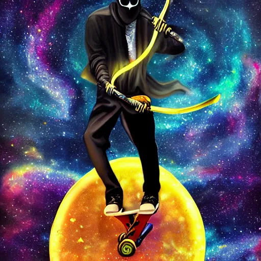 Prompt: the grim reaper holding a scythe doing skateboard tricks through a nebula, detailed, featured