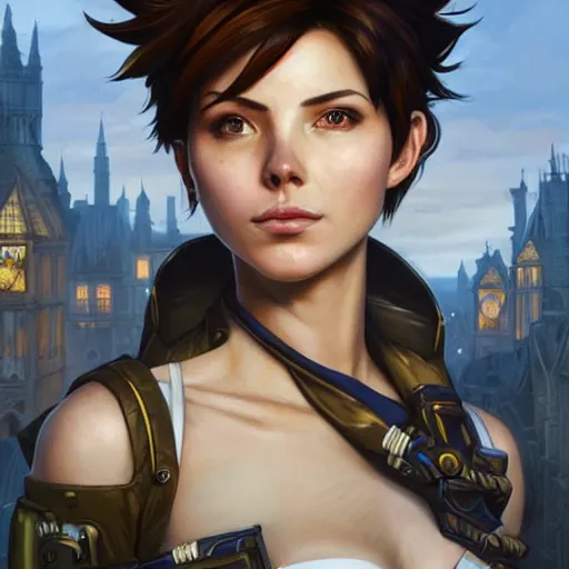 Prompt: high fantasy science-fiction character portrait of Tracer from Overwatch, intricate, wild, highly detailed, digital painting, artstation, upper body, concept art, smooth, sharp focus, cobblestone London victorian street in background, illustration, art by artgerm and greg rutkowski and alphonse mucha