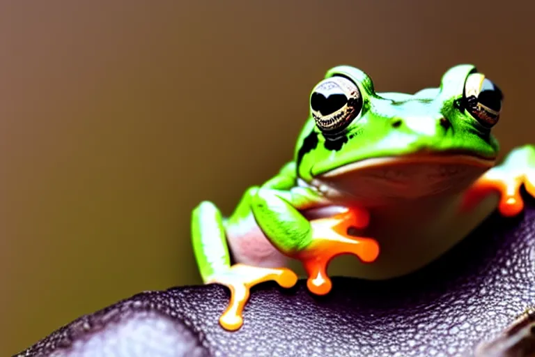 Image similar to the very tip of a frog's tongue is touching a fly