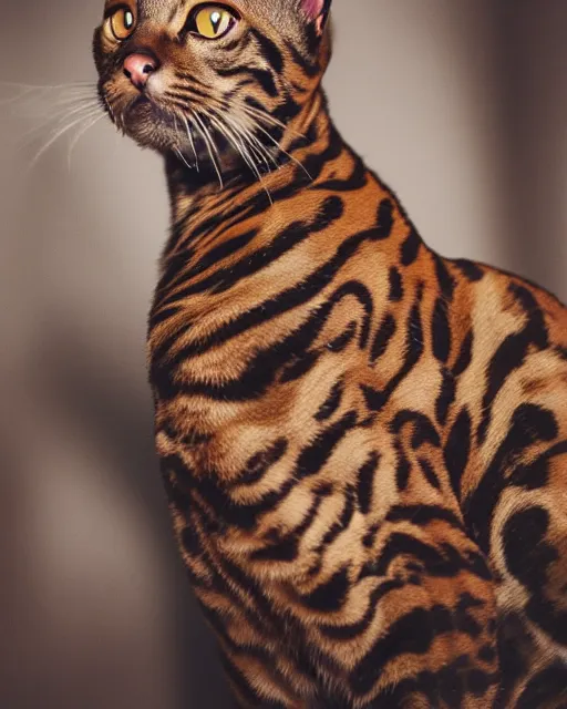 Image similar to medium format Bengal Cat Photography, Hyperreal, 8k in the style of Annie Leibovitz