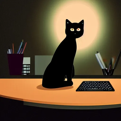 Prompt: black cat sitting at the computer in the office, at night, light from the computer, amazing, epic, mood, 8 k, high detalied, trending on artstation, digital art,