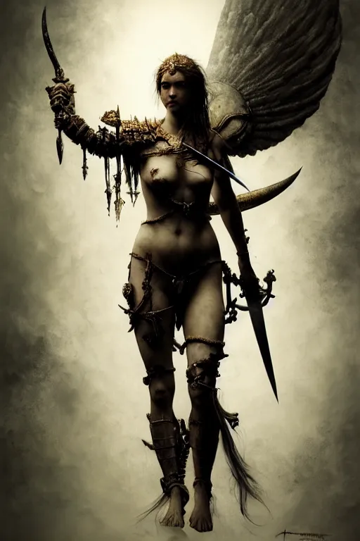 Prompt: warrior princess, swords, young, beautiful, woman, full - body, realistic portrait, ethereal, soft clean focus, art by emil melmoth, gustave dore, craig mullins, yoji shinkawa, art germ, pete morbacher, david lynch, hyper detailed, high detail, artstation, hyperrealistic, unreal engine 5, ravens