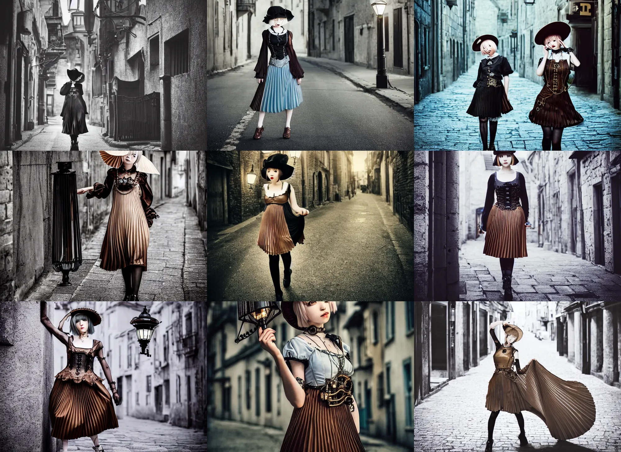 Prompt: full body portrait photo of reol wearing a elegant pleated steampunk dress, open top, wearing a cute hat, waling down a medieval street, exterior, streetlamps, dim studio lighting, ( ( photograph ) ), moody, realistic, detailed, low light, skin tinted a warm tone, light blue filter,