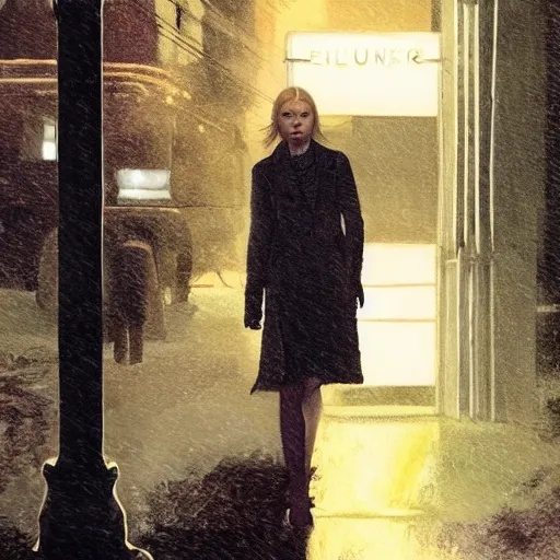 Prompt: Elle Fanning in The Walking Dead at night in the world of Edward Hopper, stormy snowy weather, streetlights, extremely detailed masterpiece, oil on canvas, low-key neon lighting, artstation, Blade Runner 2049, Roger Deakin’s cinematography, by J. C. Leyendecker and Peter Paul Rubens,