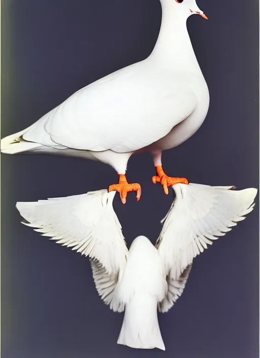 Image similar to realistic color photo of stray white pigeon with multiple wings, front view, grain 1 9 9 0, life magazine reportage photo, metropolitan museum photo