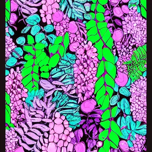 Image similar to pink and purple and turquoise crystals, green vines, forest trees, fantasy and floral