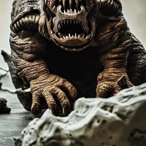 Prompt: rancor eating a bone, moody lighting, shallow depth of field,