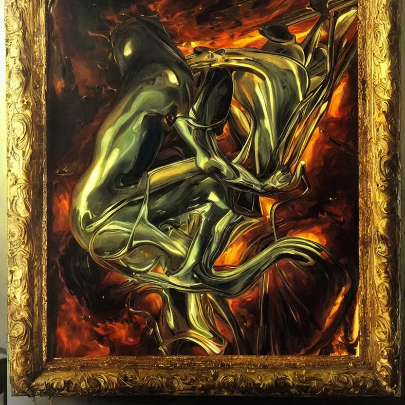 Image similar to futuristic alien reaching through a framed painting, pulp sci - fi art for omni magazine. high contrast. baroque period, oil on canvas. renaissance masterpiece