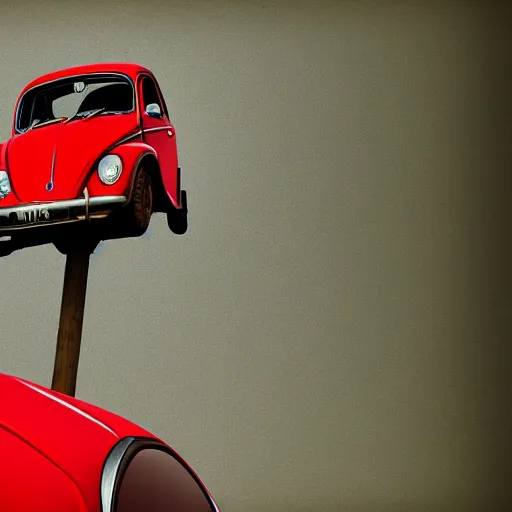 Image similar to red beetle car on top of a tall pole, digital art, photorealistic