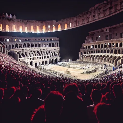 Image similar to maneskin playing at colosseum in rome, dark, crowd, 4 k