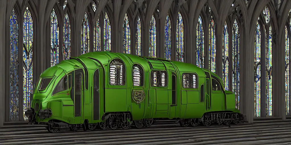 Image similar to streamline train that looks like gothic cathedral church, warhammer emperium style, gothic locomotive, conic locomotive shaped, arrow locomotive shape, armored streamline train,gothic shape patterns locomotive, train with gothic rose windows and arcades elements , hybrid between gothic and streamline style, gothic steel pattern train wheels, art Deco, retro, locomotive streamline lantern light green, octane render, diselpunk, steampunk