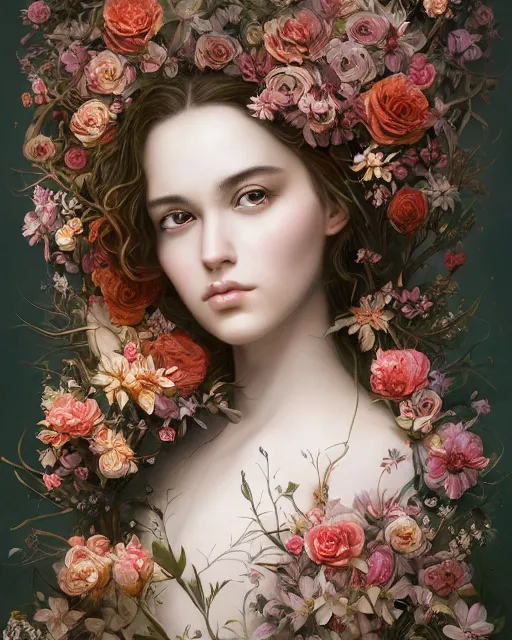 Image similar to symmetrical portrait of a 2 5 year old girl, surrounded by flowers by karol bak, james jean, tom bagshaw, rococo, sharp focus, trending on artstation, cinematic lighting, hyper realism, octane render, 8 k, hyper detailed.