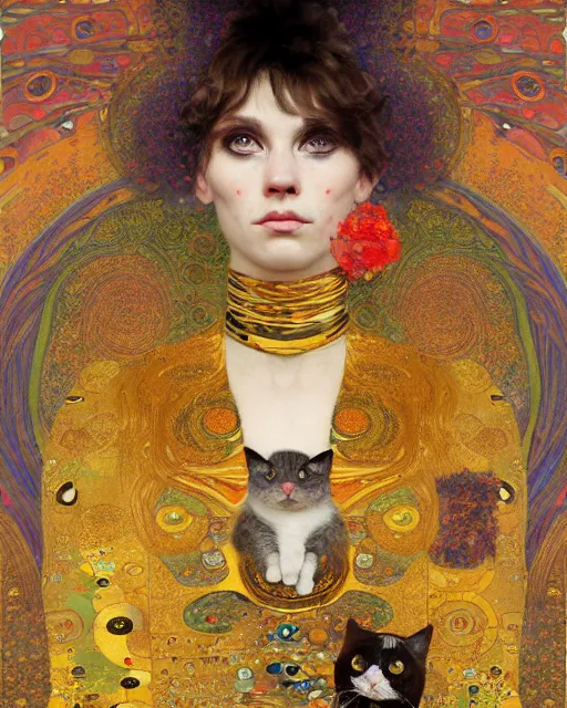 Image similar to cat meditation portrait an oil painting splashes with many colors and shapes by gustav klimt greg rutkowski and alphonse mucha, polycount, generative art, psychedelic, fractalism, glitch art