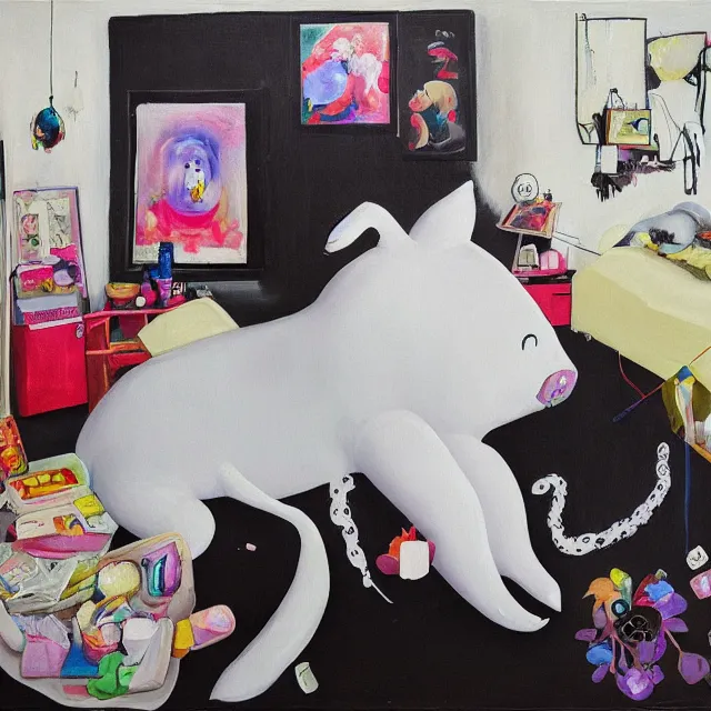 Prompt: giant zen pig, a portrait in a female artist's bedroom, black walls, emo girl with plushies, sheet music, berries, surgical supplies, pancakes, black flowers, sensual, octopus, neo - expressionism, surrealism, acrylic and spray paint and oilstick on canvas