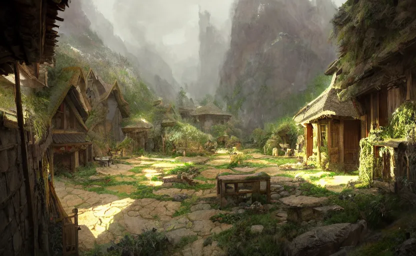 Image similar to painting of a series of opposing living quarters overlooking communal area carved into a mountain, lush garden with hot spring between, cozy bed, well maintained, clean, medieval, fantasy genre, natural light, fantasy, natural light, concept art, by greg rutkowski and craig mullins, cozy atmospheric and cinematic lighting, trending on artstation