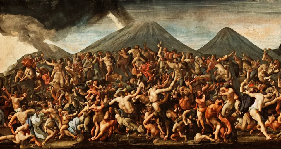 Image similar to mosh pit at music festival in pompeii while mount vesuvius is erupting, fresco, michaelangelo