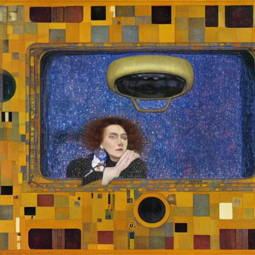 Prompt: men and women looking out of the porthole windows on a large ufo in the sky above a town painting by gustav klimt