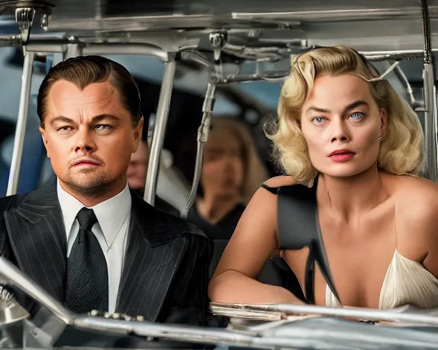 Image similar to leonardo dicaprio as the wolf of wall street next to margot robbie as naomi from the wolf of wall street in a helicopter, hyper realistic faces, beautiful eyes, cinematic, long shot, hyper detailed, 8 5 mm photograph, 8 k resolution, film still, sharp lens, wide lens