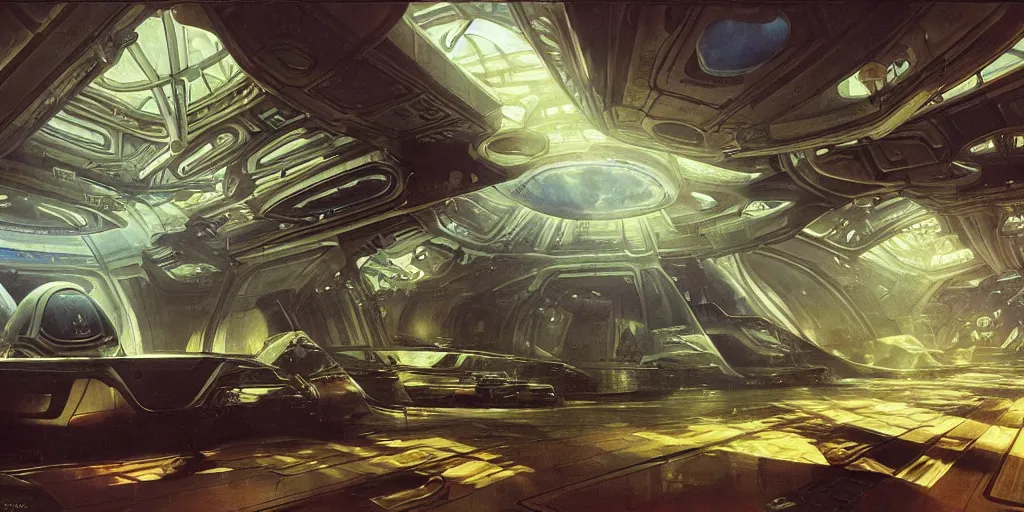 Image similar to wide shot, interior of an alien spaceship, futuristic, hyperrealism, crepuscular rays, ray tracing, by alphosne mucha adolf hiremy hirschl