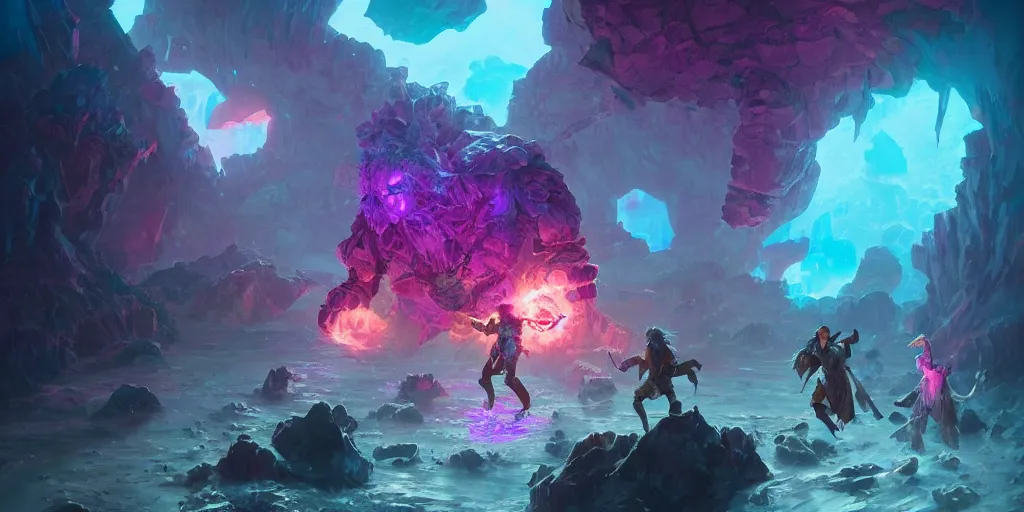 Prompt: d & d adventurers fighting a giant crystal golem, combat scene, fantasy concept art, bright pink purple orange lights, underwater, watery caverns, art by greg rutkowski