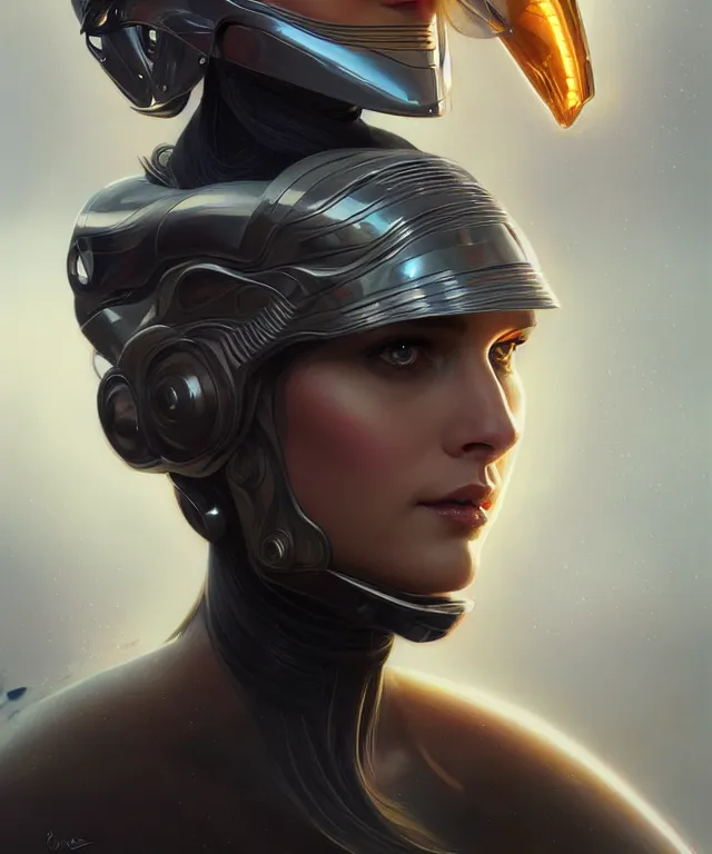 Image similar to futuristic woman in helmet portrait, sci-fi, amber eyes, face, long hair, fantasy, intricate, elegant, highly detailed, digital painting, artstation, concept art, smooth, sharp focus, illustration, art by artgerm and greg rutkowski and alphonse mucha