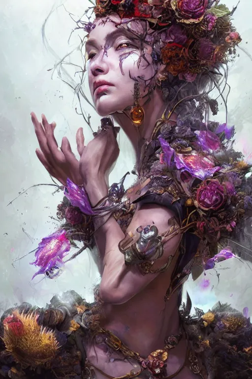 Prompt: face closeup of extremely beautiful girl necromancer, witch - doctor exploding into flowers, face covered with velvet and organic ornaments, angels, 3 d render, hyper - realistic detailed portrait, holding fire and electricity, leaves and magic, ruan jia, wlop. scifi, fantasy, magic the gathering, hyper detailed, octane render, concept art, peter mohrbacher