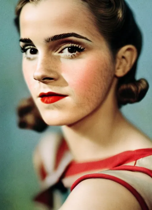 Image similar to Retro color photography 1940s portrait Hollywood headshot of Emma Watson Cinestill 800T, 1/2 pro mist filter, and 65mm 1.5x anamorphic lens