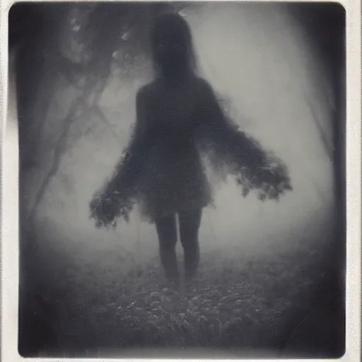 Image similar to an ancient evil-girl on a mysterious fractal forest devouring the human souls, mist, 1910 polaroid photography, grainy film, Black and white