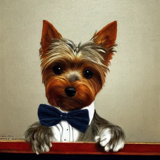 Prompt: a Yorkshire terrier at a bar wearing a bow tie, extremely detailed masterpiece, illustration, by Michael Sowa,