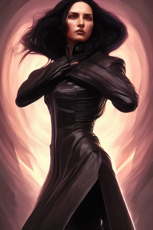 Prompt: portrait of a long black haired woman transforming into energy in the style of mass effect, leather trench coat, intricate, elegant, highly detailed, digital painting, artstation, concept art, smooth, sharp focus, illustration, art by artgerm and greg rutkowski and alphonse mucha, 8 k