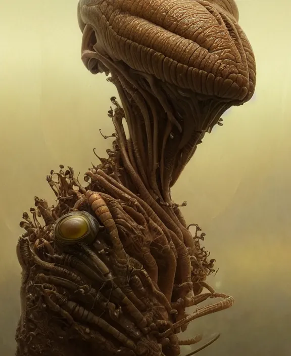 Image similar to intricate earth - toned portrait of a disturbing terrifying alien insect creature, mottling coloring, adorable, childlike, medical environment, ultra realistic, concept art, art nouveau, photorealistic, octane render, 8 k, unreal engine. art by christopher marley and artgerm and greg rutkowski and alphonse mucha