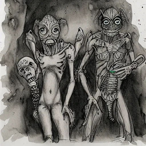 Prompt: A pair of intersex transgender humanoid alien goblins enjoying themselves at a goth club. Highly detailed sketch watercolor, inked lines. In the style of Alain Aslan, Brian Froud, and Studio Ghibli.