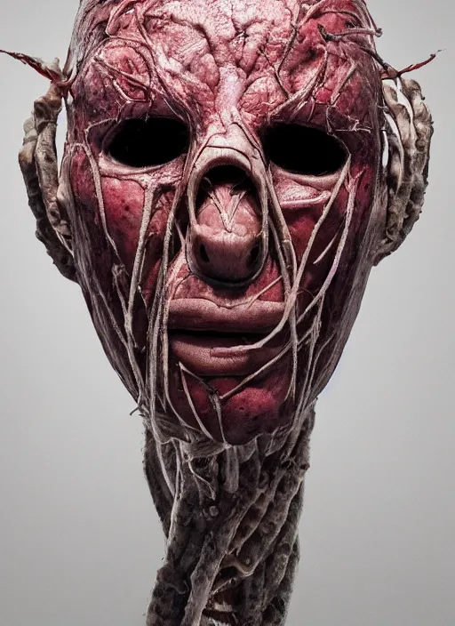 Image similar to portrait of a Slipknot mask with translucent skin, visible muscles and veins and arteries and bones and spines and nerves, beautiful detailed intricate insanely detailed octane render, 8k artistic photography, photorealistic, chiaroscuro, by David Cronenberg, Raphael, Caravaggio