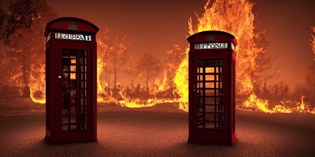 Prompt: a telephone booth on fire, weird, haunted, misty, dark and evil, demonic, sinister, ambient lighting, 8 k render, hyper realistic, photo realistic