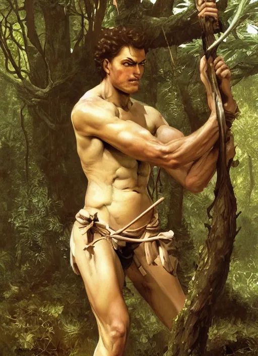 Prompt: Saint Sebastian tied to a tree in the forest, intricate, elegant, highly detailed, digital painting, artstation, concept art, smooth, sharp focus, illustration, art by frazetta and bouguereau and aleksi briclot