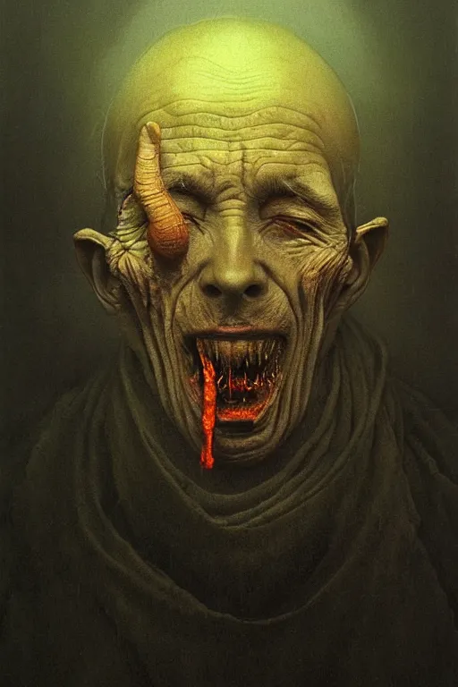 Image similar to potrait of a guy that has crooked teeth, a weird accent, and drinks hot water, by zdzislaw beksinski, by dariusz zawadzki, by wayne barlowe, gothic, surrealism, cosmic horror, lovecraftian, cold hue's, warm tone gradient background, concept art, beautiful composition