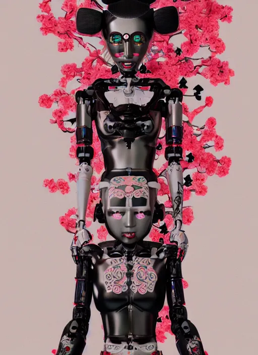 Image similar to full body portrait of a gothic japanese robot geisha with kanji tattoos and decals wearing a digital pixelated kimono, intricate design, photorealistic, octane render, raytraced, ultra fine detailed, character design, trending on artstation