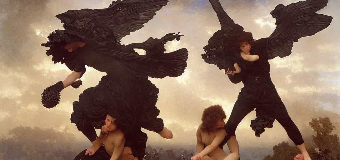 Image similar to hyperrealist highly detailed english medieval portrait of high fashion archangel fighting against giant ferrofluid monster, Art by William Adolphe Bouguereau,, giant ferrofluid monster by William Adolphe Bouguereau,, by Annie Swynnerton and Tino Rodriguez and Maxfield Parrish, elaborately costumed, giant ferrofluid monster, rich color, dramatic cinematic lighting, extremely detailed, radiating atomic neon corals, concept art pascal blanche dramatic studio lighting 8k wide angle shallow depth of field, Art by William Adolphe Bouguereau, extreme detailed and hyperrealistic