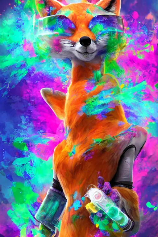 Image similar to a humanoid fox wearing scientist's clothes and doing experiments with colorful chemicals, digital painting, masterpiece, digital art, high quality, highly detailed, concept art, trending on deviantart, high coherence, anatomically correct, five fingers, cinematic, high definition, path traced