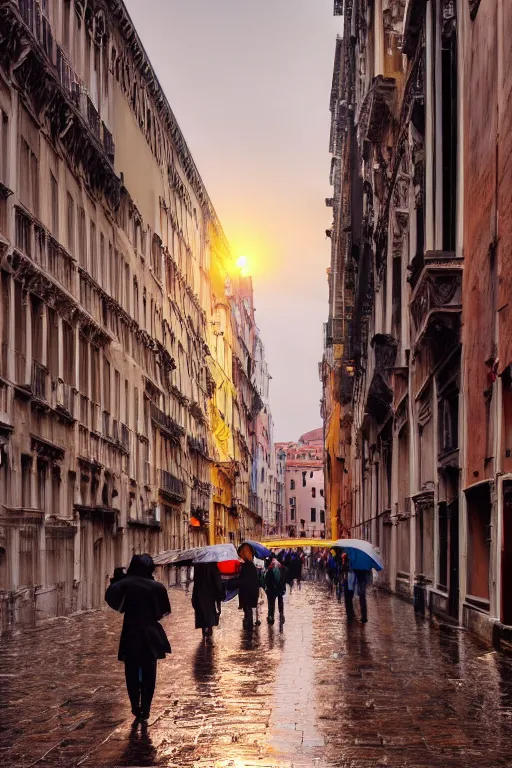 Image similar to crowd of people walking on rainy street at dusk golden hour , hyper-realistic environment, new york , venice