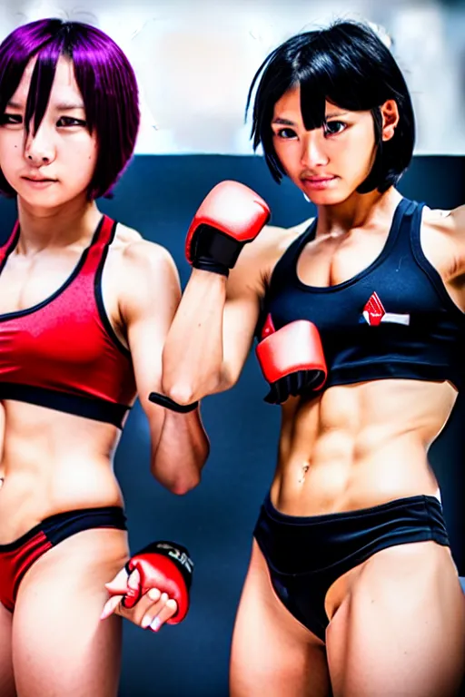 Prompt: two beautiful female fighters with short hair facing each other in the gym, dim lighting, gorgeous features, high definition, sharp focus, detailed anime art