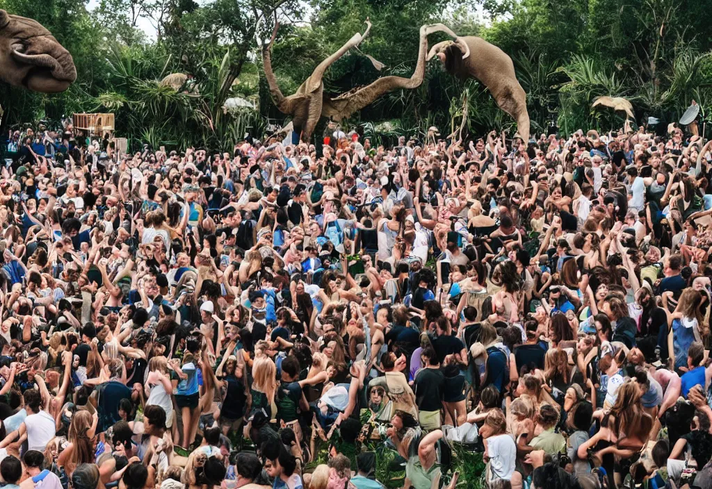 Image similar to a dj performing to a crowd of zoo animals