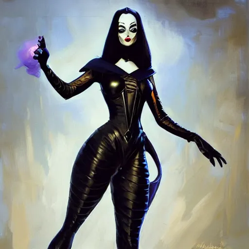 Image similar to greg manchess portrait painting of partially armored morticia from addams family as overwatch character, medium shot, asymmetrical, profile picture, organic painting, sunny day, matte painting, bold shapes, hard edges, street art, trending on artstation, by huang guangjian and gil elvgren and brom