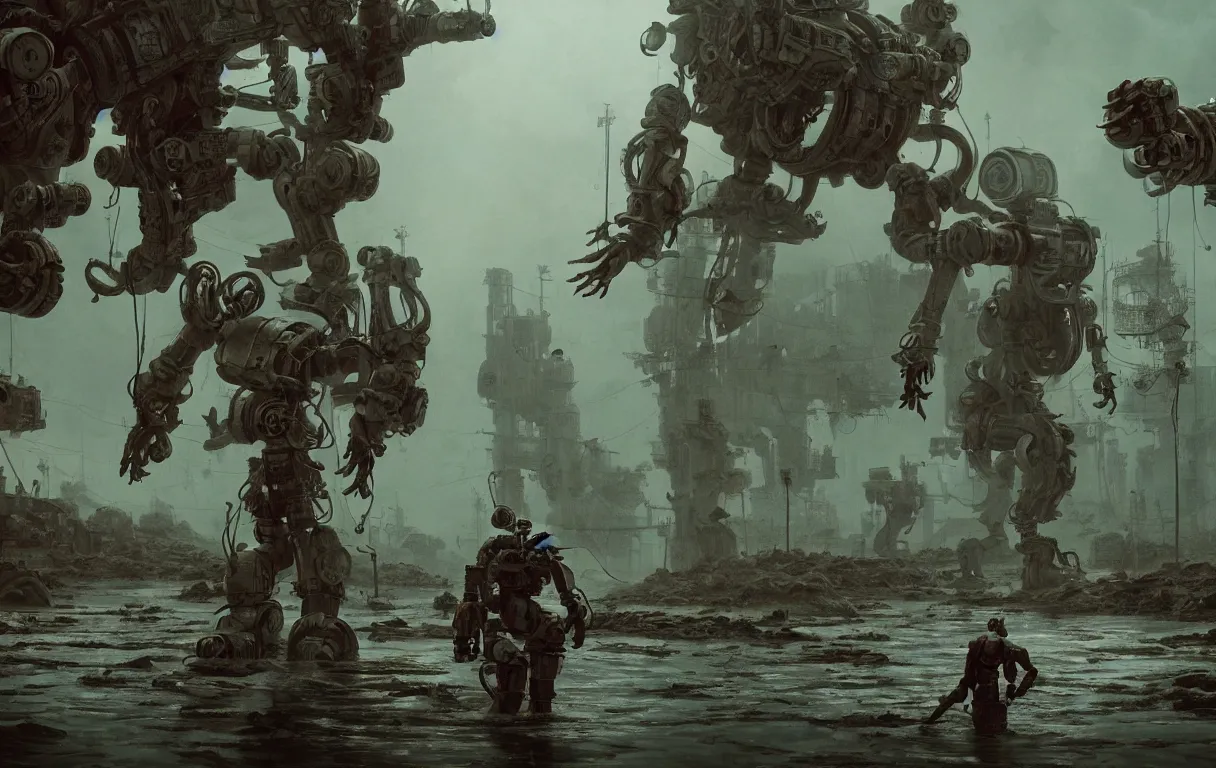 Image similar to amazing detailed lucid surreal rendering by wes anderson and greg rutkowski, octane render, volumetric lighting, depth of field, futurisitic boxing gym in a dying utopia, radioactive swamp, dnd kobold mech robot