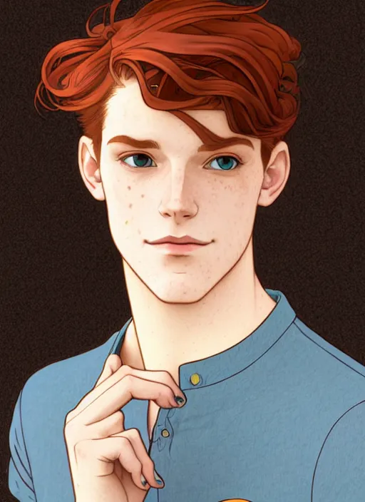 Image similar to well - lit art nouveau portrait of a young man with auburn hair, pale skin, freckles, light blue eyes, casual clothes, natural lighting, path traced, highly detailed, high quality, cartoon, digital painting, by don bluth and ross tran and studio ghibli and alphonse mucha