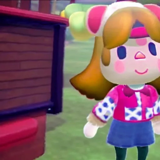 Prompt: A still of Isabelle from Animal Crossing in a early 2000’s sum 41 music video