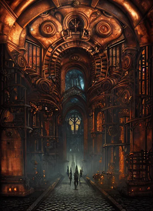 Image similar to steam necropolis, memento mori, gothic, neo - gothic, art nouveau, hyperdetailed copper patina medieval icon, stefan morrell, philippe druillet, ralph mcquarrie, concept art, steampunk, unreal engine, detailed intricate environment, octane render, moody atmospherics, volumetric lighting, ultrasharp, ominous, otherworldly