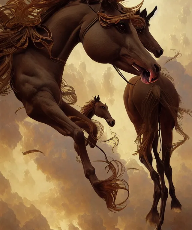 Prompt: anthropomorphic horse, fursona, trending on FurAffinity, dark surrealist , fantasy, intricate, elegant, highly detailed, digital painting, artstation, concept art, smooth, sharp focus, illustration, art by artgerm and greg rutkowski and alphonse mucha