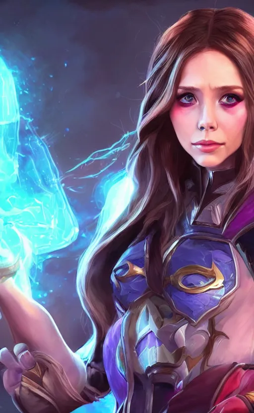 Image similar to Elizabeth Olsen as a character in the game League of Legends, with a background based on the game League of Legends, detailed face, old 3d graphics