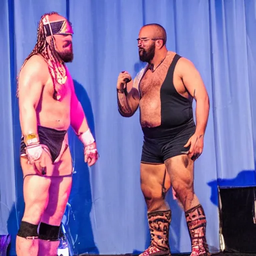 Image similar to professional wrestler rambo funk, being interviewed on stage. award winning photo. 8 k.